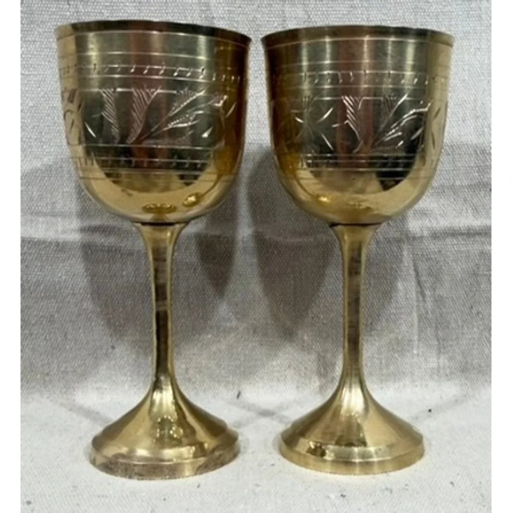 Vintage Etched Brass Goblets Set of 2 Floral Chalice Wine Cups 6.5in